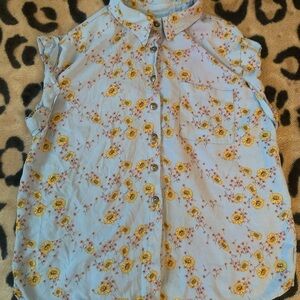 Sunflower Print Women's Blouse - Light Blue and Yellow